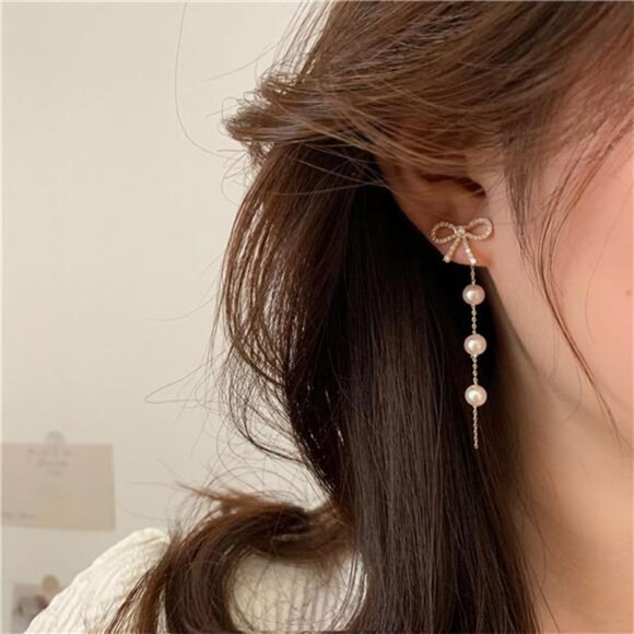 Bow Pearl Drop Earrings | Coquette Minimalist Jewelry, Wedding & Party - Picture 5 of 6